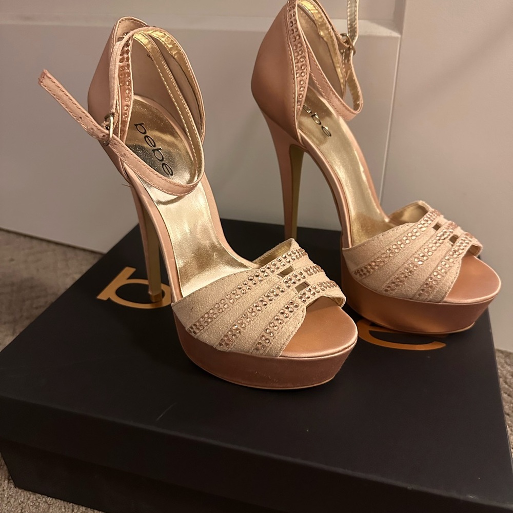 bebe Blush Pink Platform Peep-Toe Ankle Strap Heels